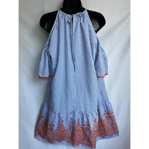 Maggy London Embroidered Striped Dress Size 10 Cold Shoulder Nautical Boho Cute - Picture 5 of 10